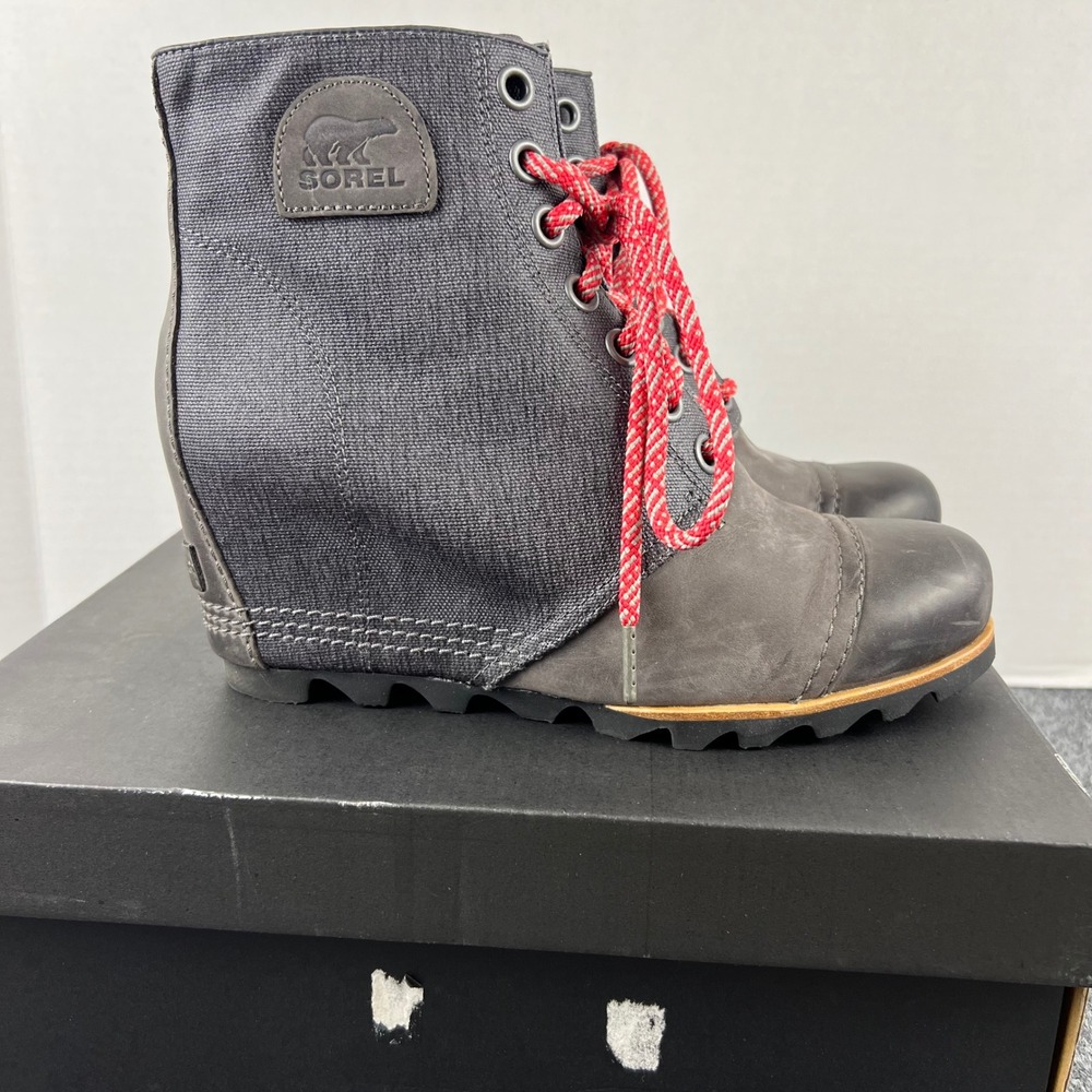 Sorel PDX Boots Wedge Dark Grey Canvas Leather Lace Up Ankle urban Womens 10